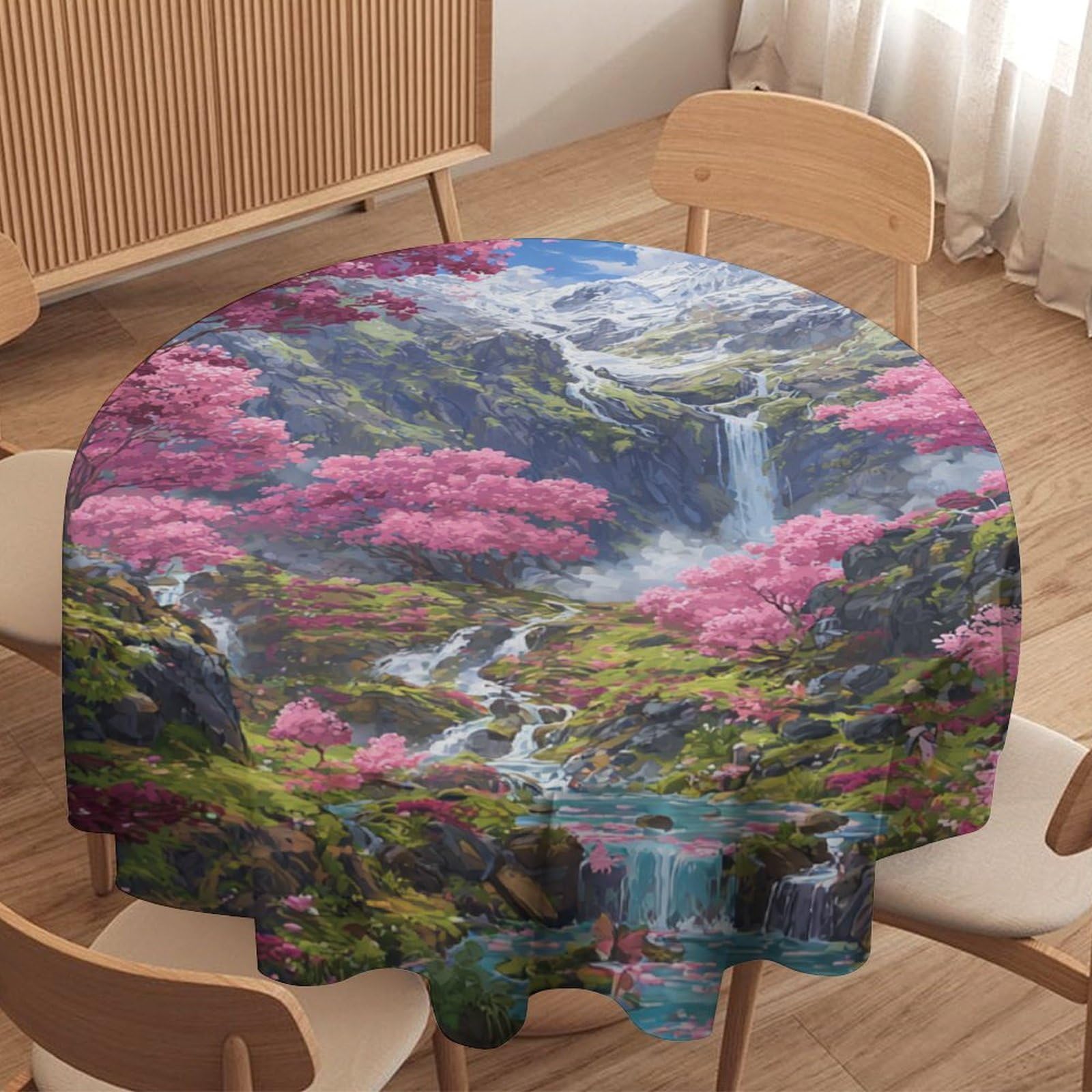 Luyysky Fantasy Classic Cherry Blossom Waterproof Round Tablecloth Vintage Oil Painting Spring Waterfall Japanese Cherry Blossoms Washable Table Cover For Kitchen-177.8" Wx177.8 L Cm