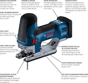 Bosch Gst18v-60bcn 18v منشار رقصة البرميل المتصل بدون فرشات ، 3800 Spm ، ضوء Led ، تغيير الشفرة بدون أدوات (أداة عارية)