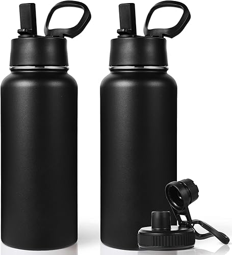 Miniatura 40 de Neihepal - Botellas de agua aisladas de 32 onzas a granel con 2 tapas (pajita y boquilla), botella de agua de acero inoxidable de doble pared, Azul