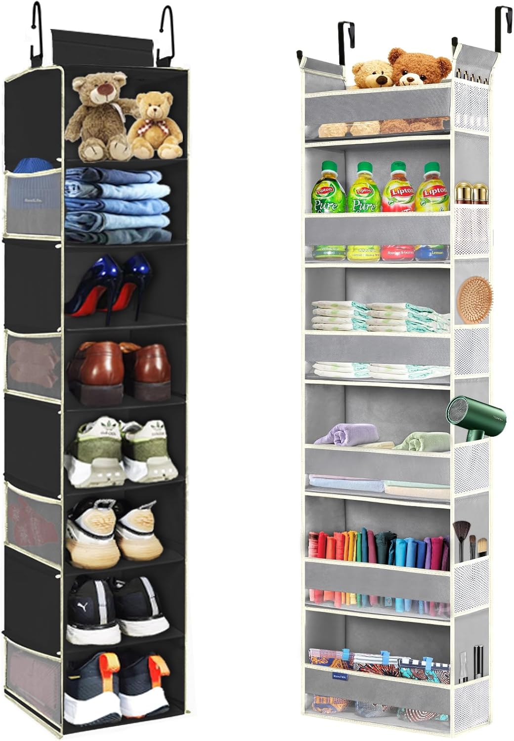Hanging Shoe Organizer 8-Shelves Black + Over The Door Hanging Organizer 6-Shelves Grey