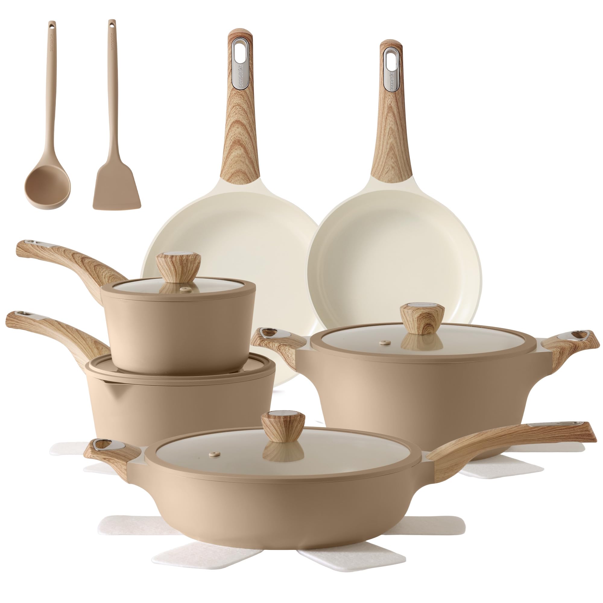 Ceramic Pots and Pans Set Nonstick, Induction Cookware Sets, 18-Piece Non-toxic Cookware, Healthy Non Stick Kitchen Cooking Set, with Frying Pans Set, PFAS PTFE PFOA PFOS Free, Taupe