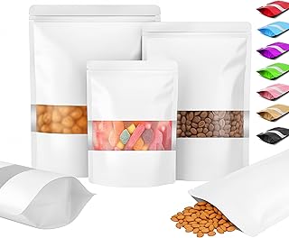 Plaphy 100 Bolsas Zip Doypack Herméticas con Ventana, Stand Up Pouch de Colores, Bolsas Mylar de Aluminio de Pie con Cierre Resellables para Empaque y Almacenamiento de Alimentos (Blanco, 16 x 24 cm)