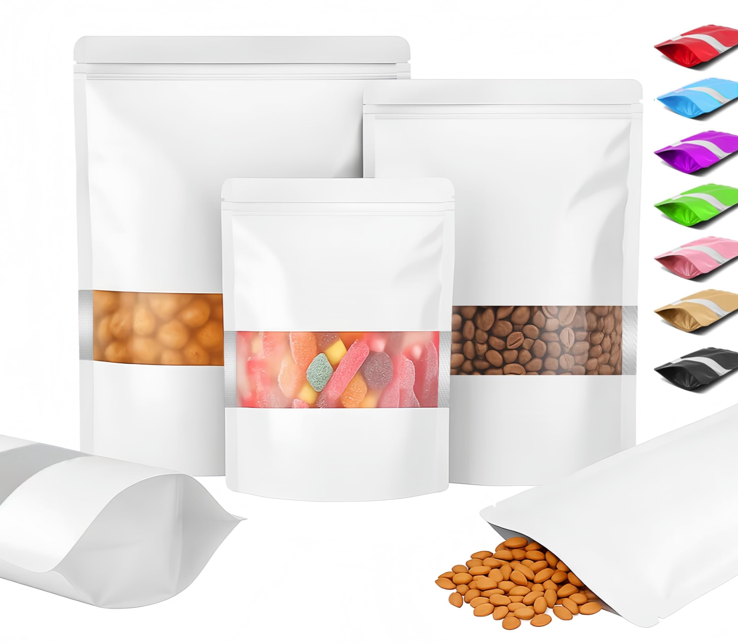 Plaphy 100Pcs Resealable Stand-up Pouches with Window (White, 16 x 24 cm)