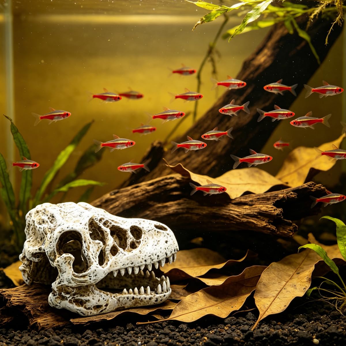 Dinosaurier-Schädel Aquarium Dekoration, Harz Fischbecken Deko, 15x9x8cm, Versteck für Fische, Reptilien Unterschlupf Höhle, Set 1 2 4 (Groß 4 STK.)
