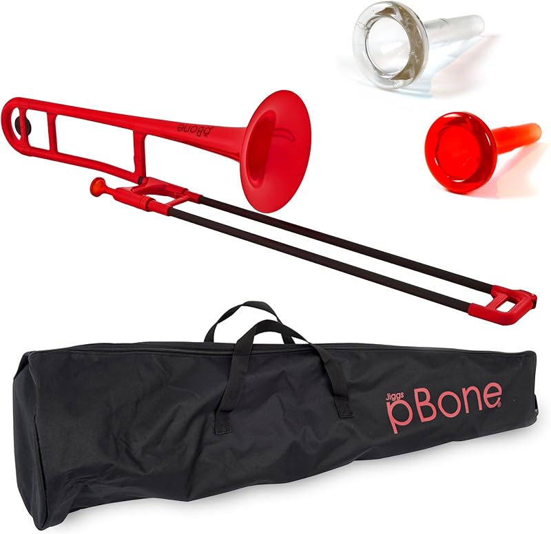 Bb Plastic Trombone - Lightweight pInstruments Design with Ergonomic Grip - Includes Mouthpieces & Carrying Bag - Authentic Bb Sound for Students & Beginners - Durable ABS - Red