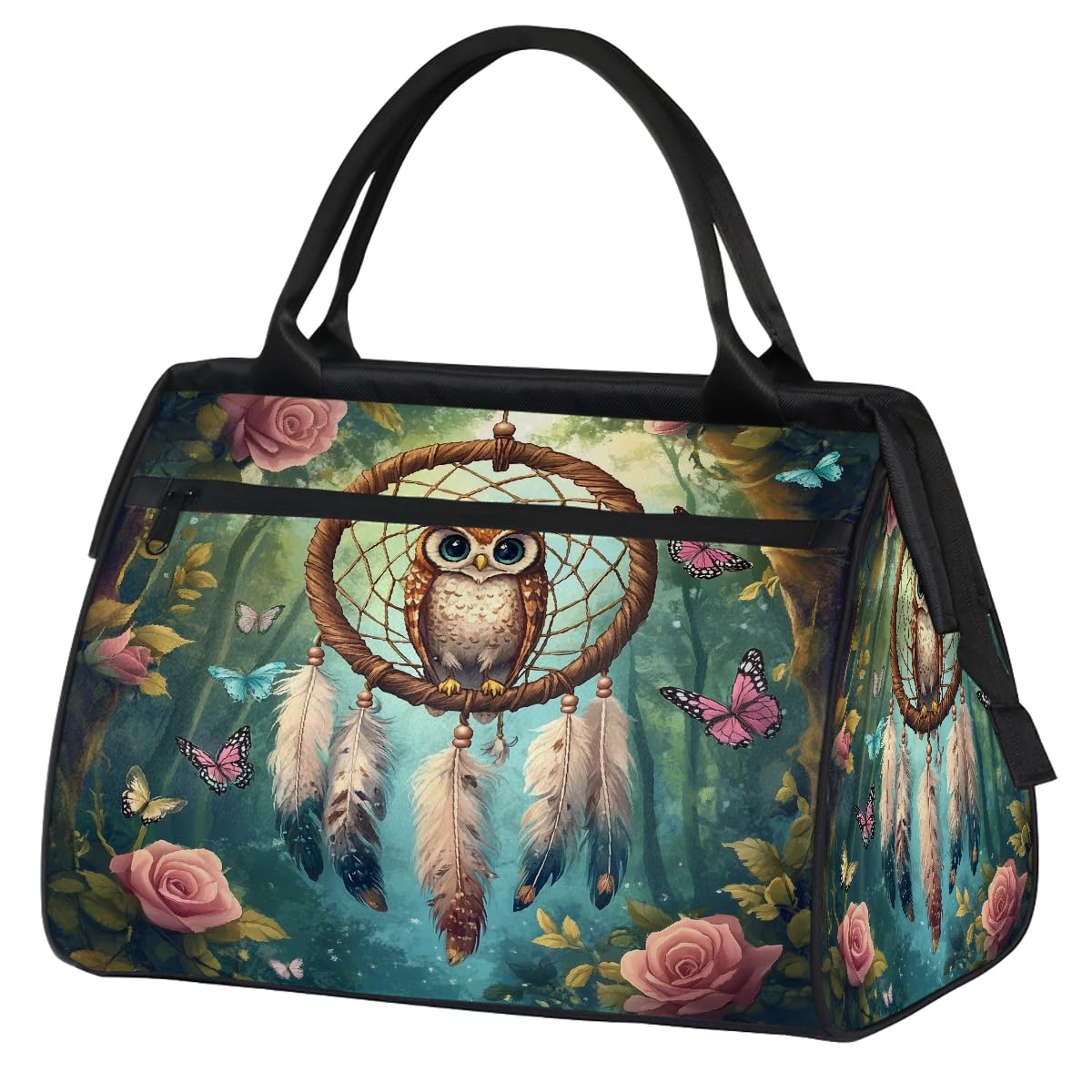Borsa da palestra con gufo acchiappasogni per uomo e donna, farfalla rosa da viaggio sport borsone impermeabile weekend pernottamento borsa leggera bagaglio tote
