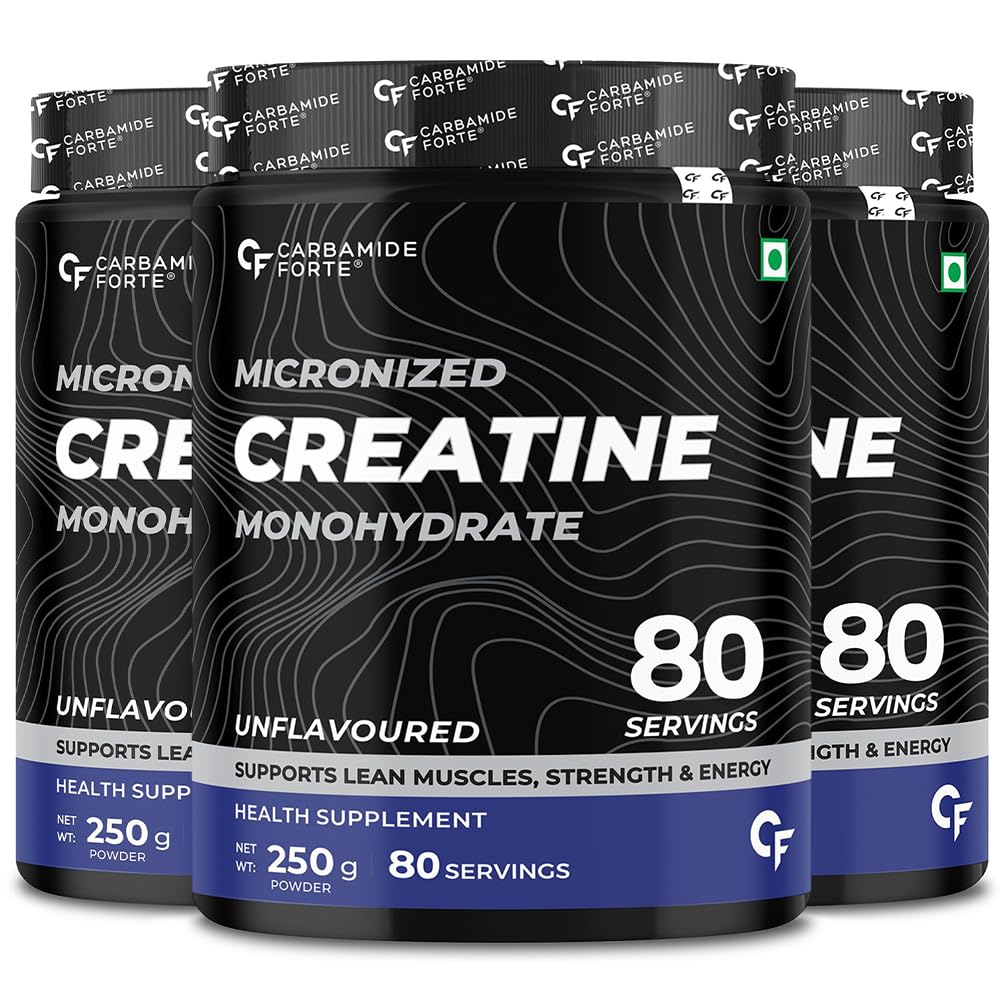 Carbamide Forte Micronised Creatine Monohydrate Powder | Monohydrate Creatine Supplement for Lean Muscle Volumization, Strength & Energy | Unflavoured - 83 Servings - 250g (Pack of 3)