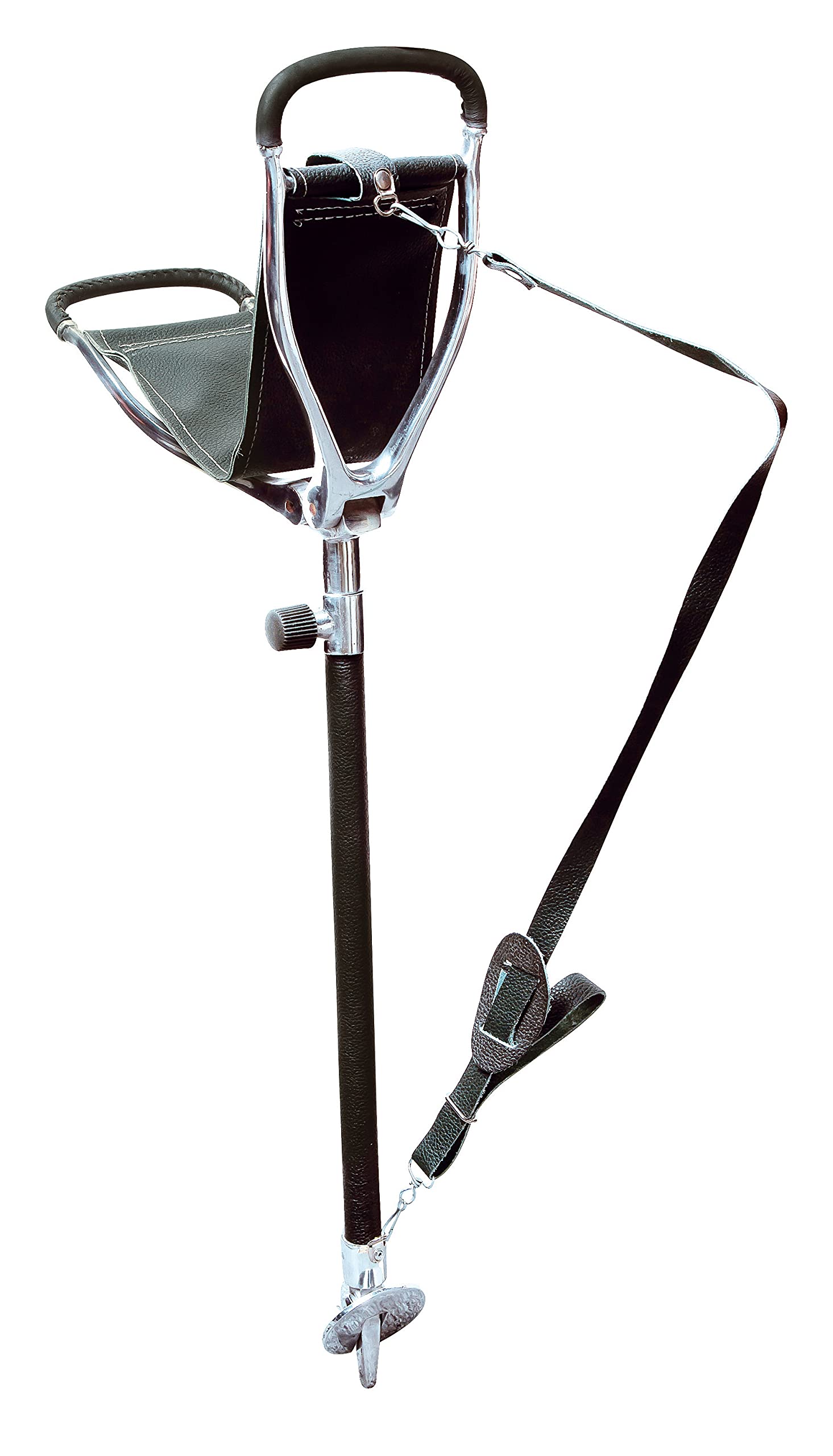 Januel - Canna per sedile rivali - Piedi telescopiche - Seduta in pelle - Piede guainato - Altezza 60-100 cm - Tempo libero Natura Outdoor Camping Caccia Pesca Bushcraft - Nero e Argento - con
