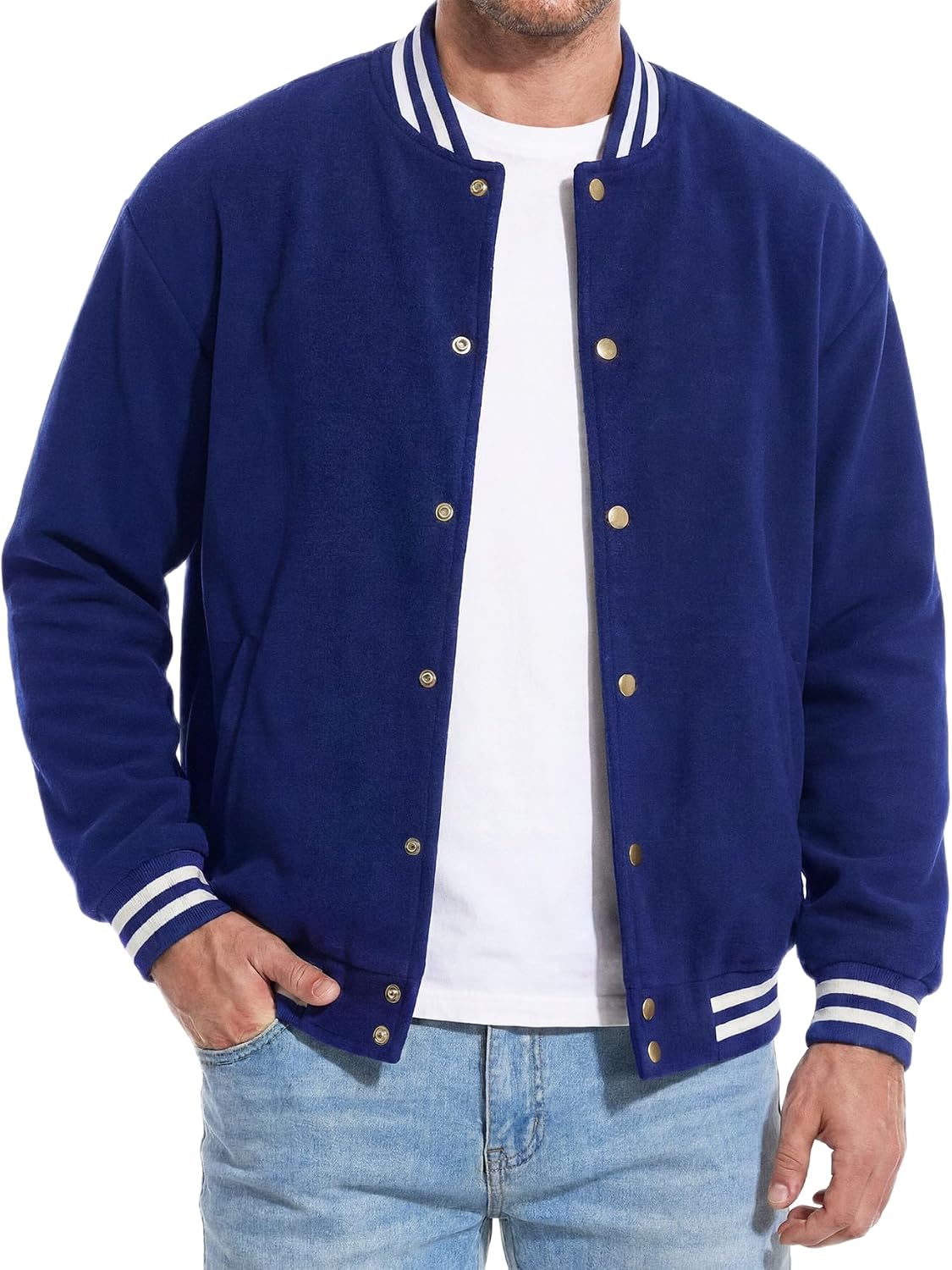 Bomber Jacket Men - Casual Fleece Drop Shoulder Men's Varsity Jackets