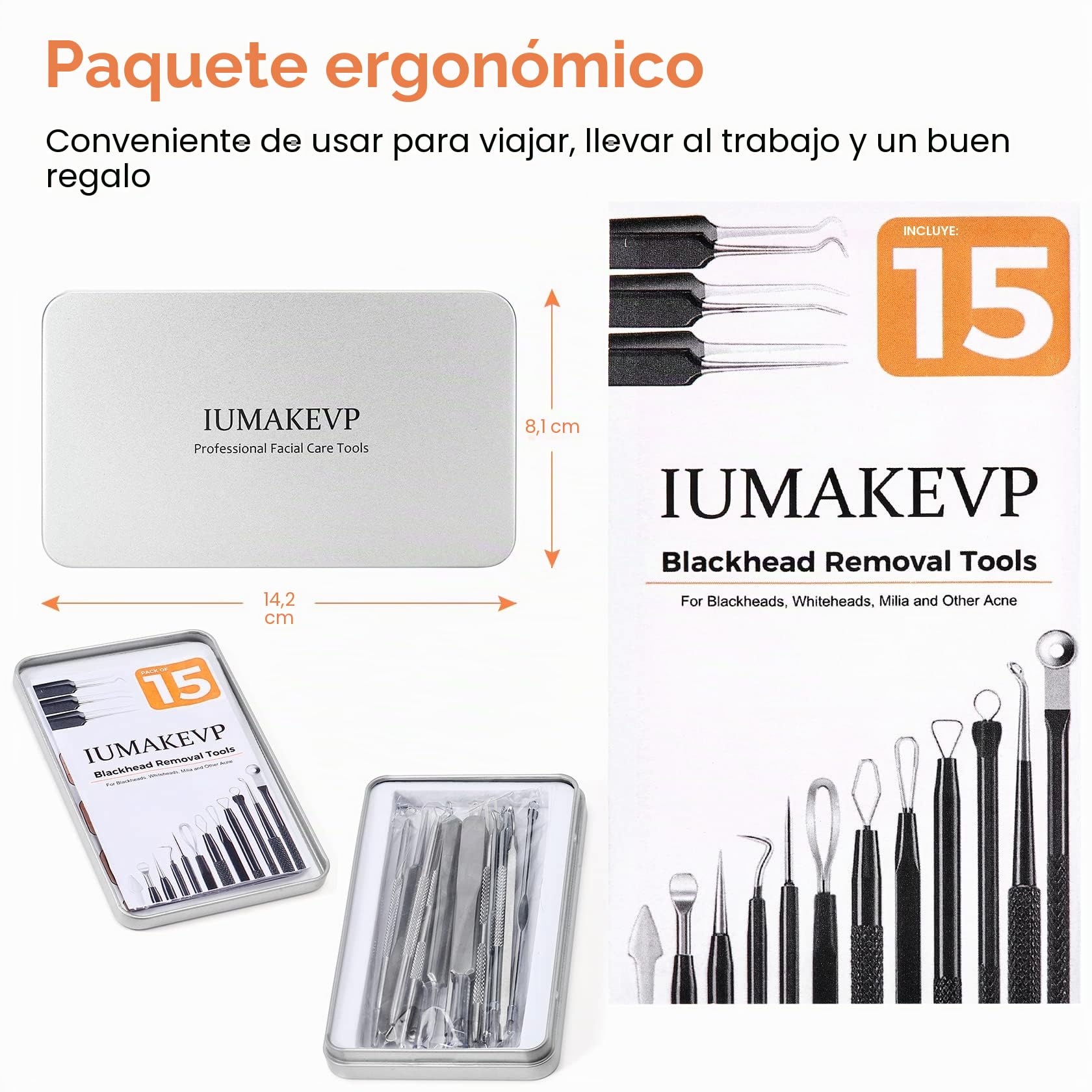 IUMAKEVP - Kit de herramientas profesionales para eliminar espinillas y comedones, 15 piezas de acero inoxidable