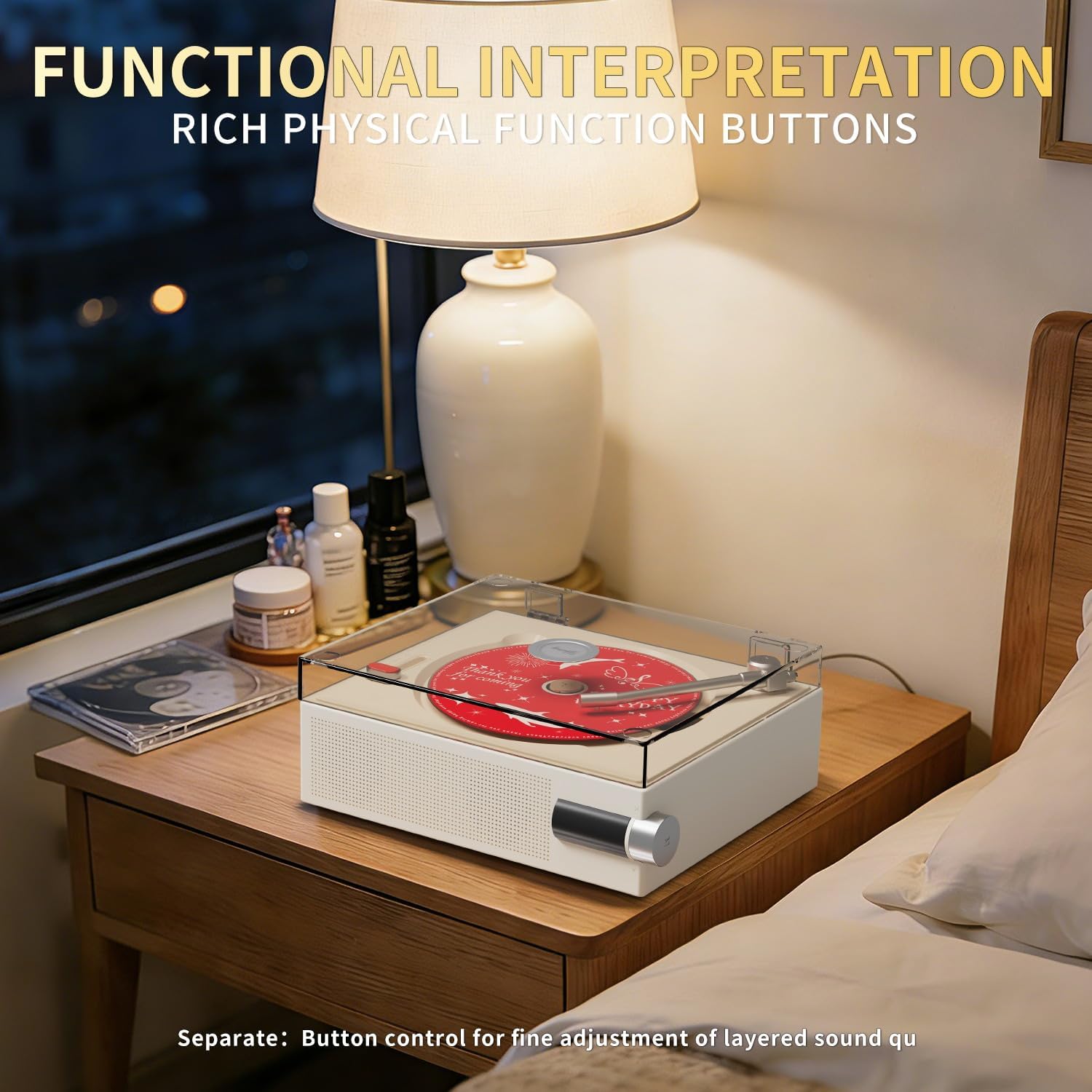 2026 New CD Player with Speakers, Cream White, Clear Acrylic Lid, Rechargeable, Festival Gift for Home Decor