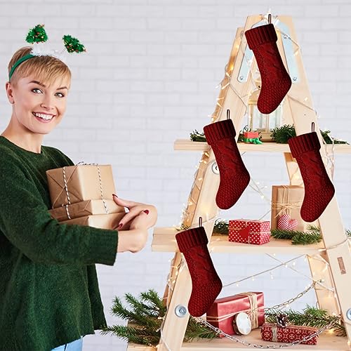 Miniatura 6 de Kunyida - Paquete de 4calcetines navideños de punto, color burdeos, 18pulgadas