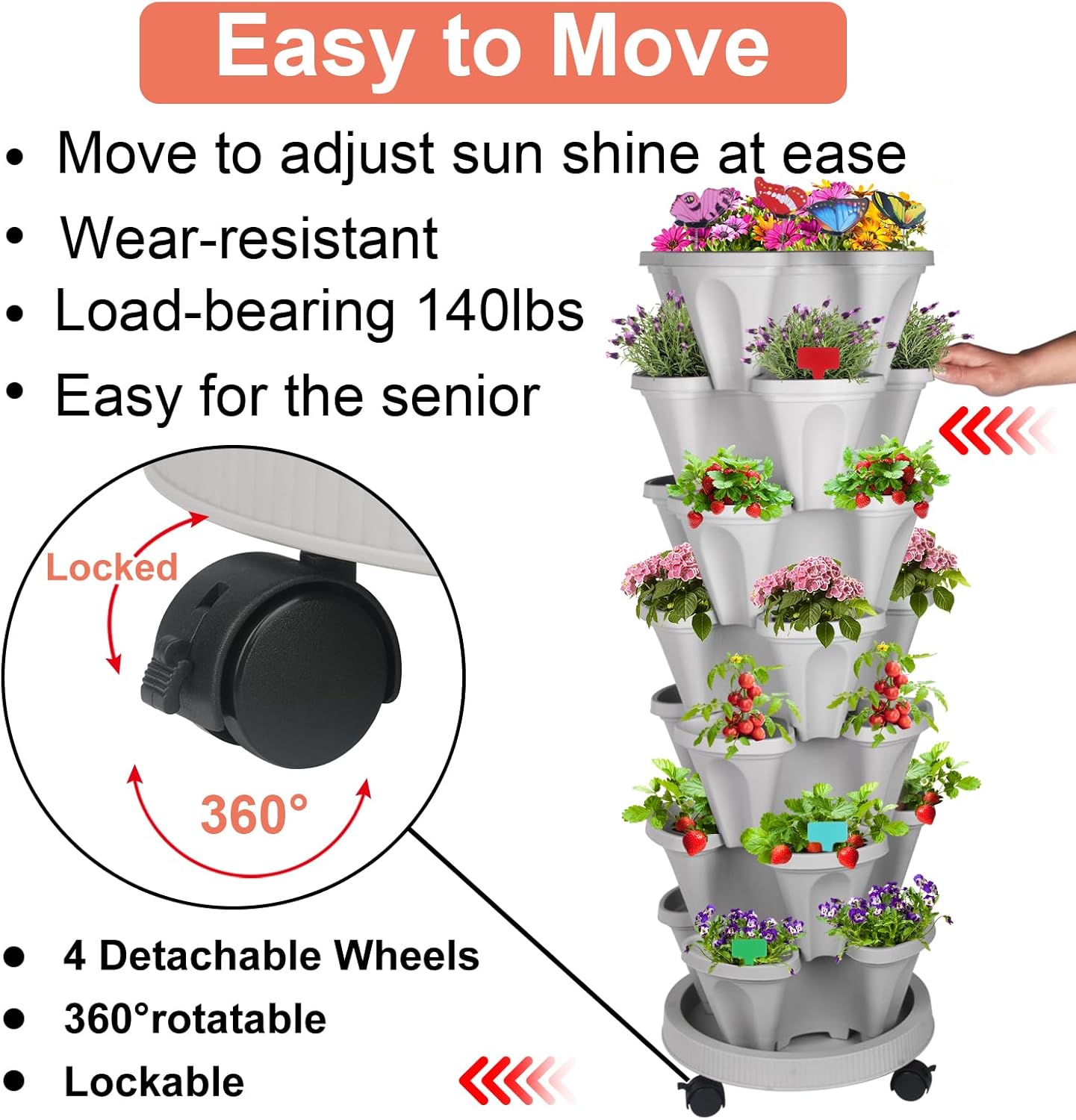 Torre Hidroponia Vertical Maceta Vertical De Jardín De 6 Niveles, Apilables, Para Fresas, Hierbas, Flores Y Verduras, Macetas De Jardinería Para Interiores Y Exteriores Con Ruedas Extraíbles Jardín Vertical
