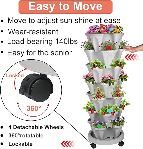 Miniatura 2 de Maceta vertical, maceta apilable de fresa de 7 niveles con juego de herramientas de jardín, maceta movible para interiores y exteriores, torre de