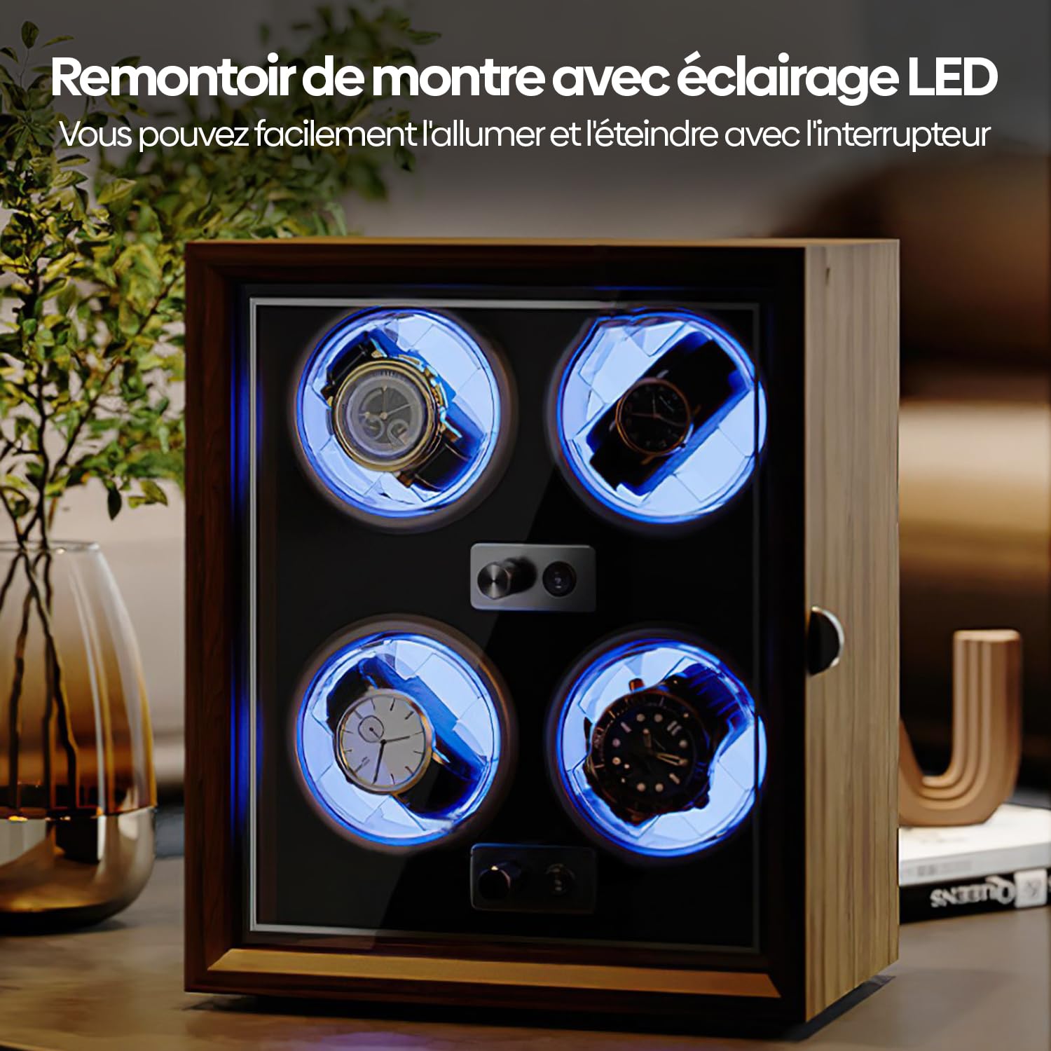 Olvy Remontoir pour 4 Montres Automatique, Boîte de Remontoir de Montre, Watch Winder, Moteur Extrêmement Silencieux, Coussin de Montre Flexible