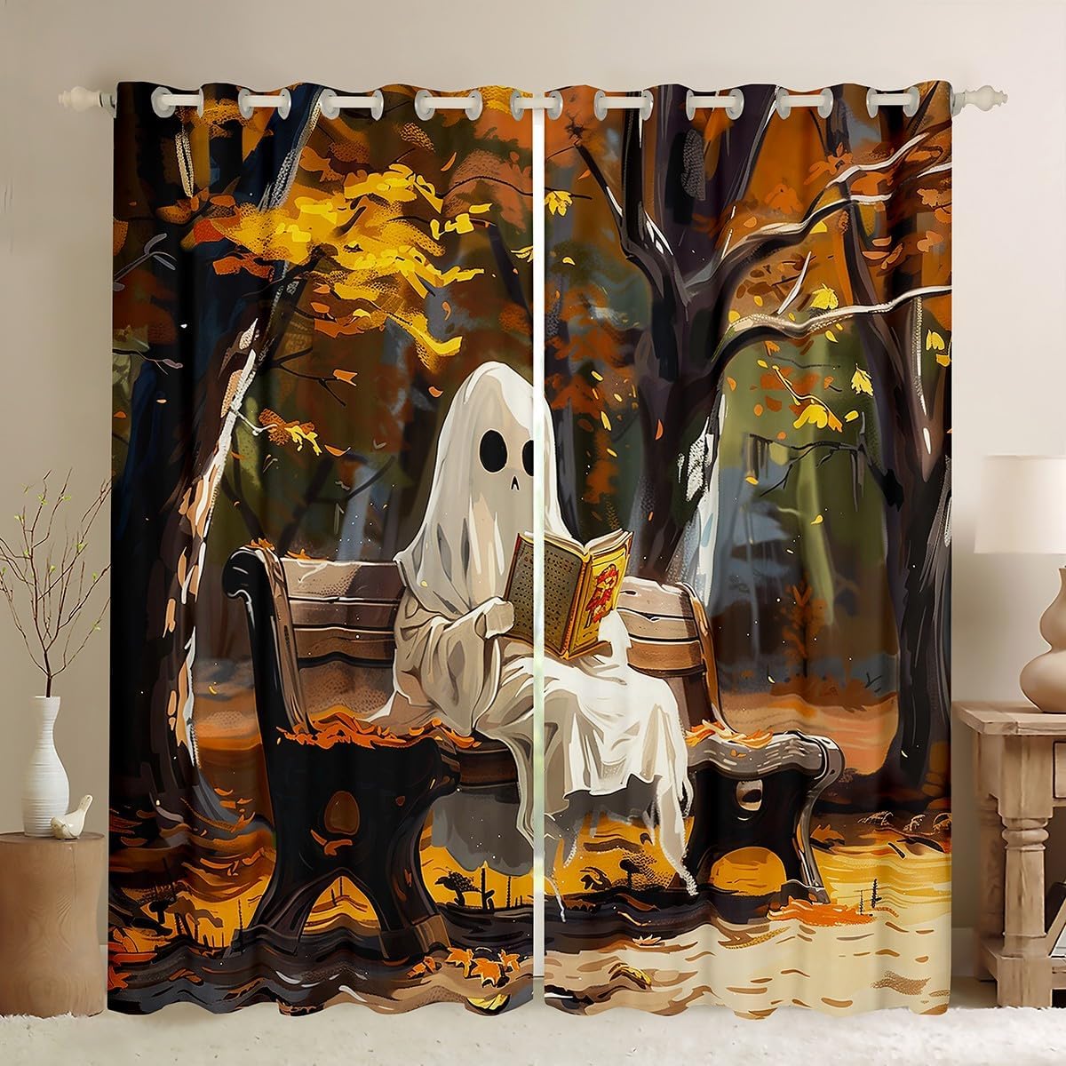 Cartoon Ghost Kids Blackout Curtains,Magical Book Bookshelf Happy Halloween Trippy Window Drapes for Girls Boys,Gothic Western Holiday Retro Window Treatments Grommet Top 2 Panel Set,38Wx45L inch