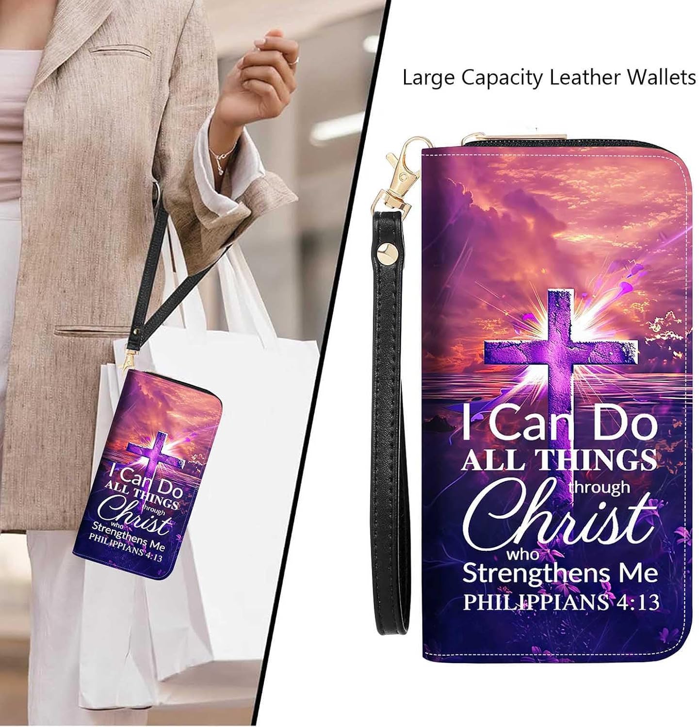 Cross Quote Bible Verses Philippians 4-13 Print Women Large Capacity Wallet PU Leather Zipper Clutch Purse for Smart Phone/Card/Coin/Cash - Image 7