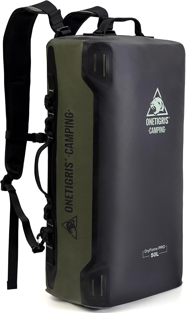 ONETIGRIS CAMPING DryForce Bolsa de viaje impermeable de 50 litros, bolsa seca de TPU resistente con cremallera hermética, mochila de viaje impermeable de apertura amplia para viajes, motocicletas, camping, pesca y navegación