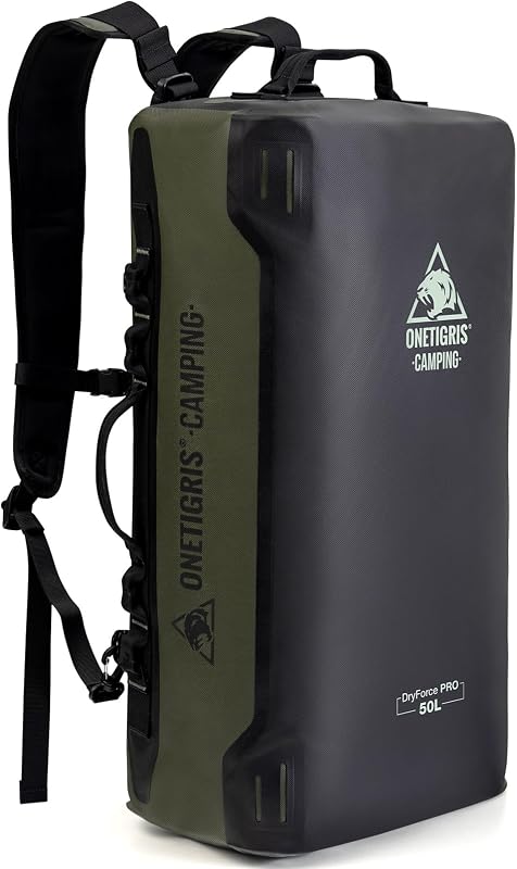 ONETIGRIS CAMPING DryForce Bolsa de viaje impermeable de 50 litros, bolsa seca de TPU resistente con cremallera hermética, mochila de viaje impermeable de apertura amplia para viajes, motocicletas, camping, pesca y navegación