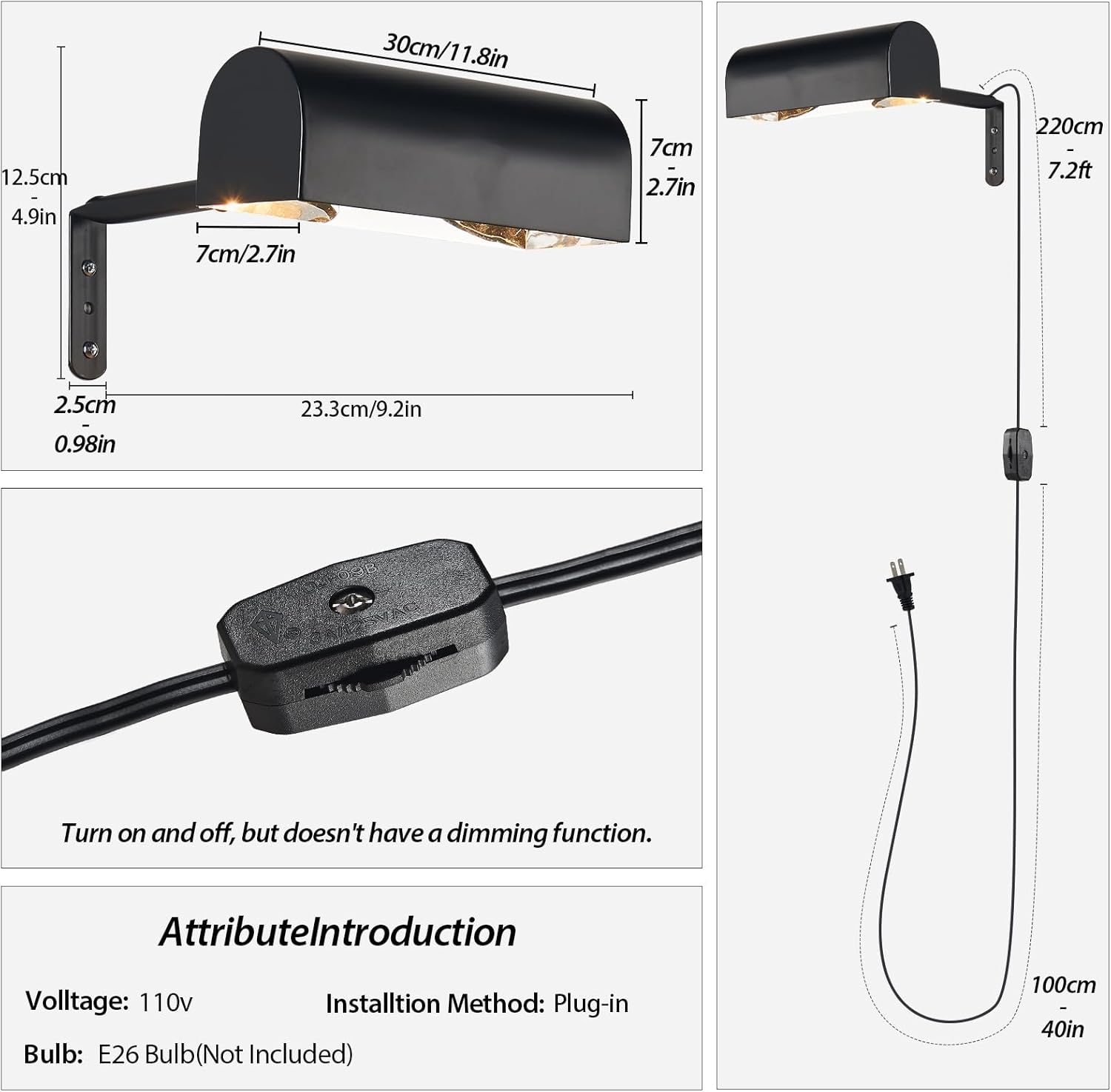 12in Black Plug-in Picture Lights for Wall, Black Picture Light Adjustable Picture Frames Lights Gallery Lighting for Painting, Artwork, Gallery, Bookshelves