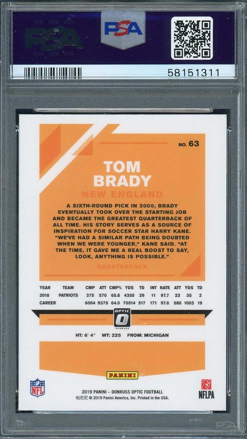 Tom Brady 2019 Panini Donruss Optic Football Card #63 Graded PSA 10