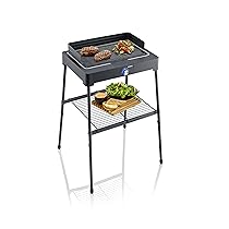 SEVERIN PG 8568 Barbecue elettrico 2200W in alluminio pressofuso con stand con mensola, Grill elettrico con piastra scanalata, Griglia da tavolo per interni ed esterni, Nero