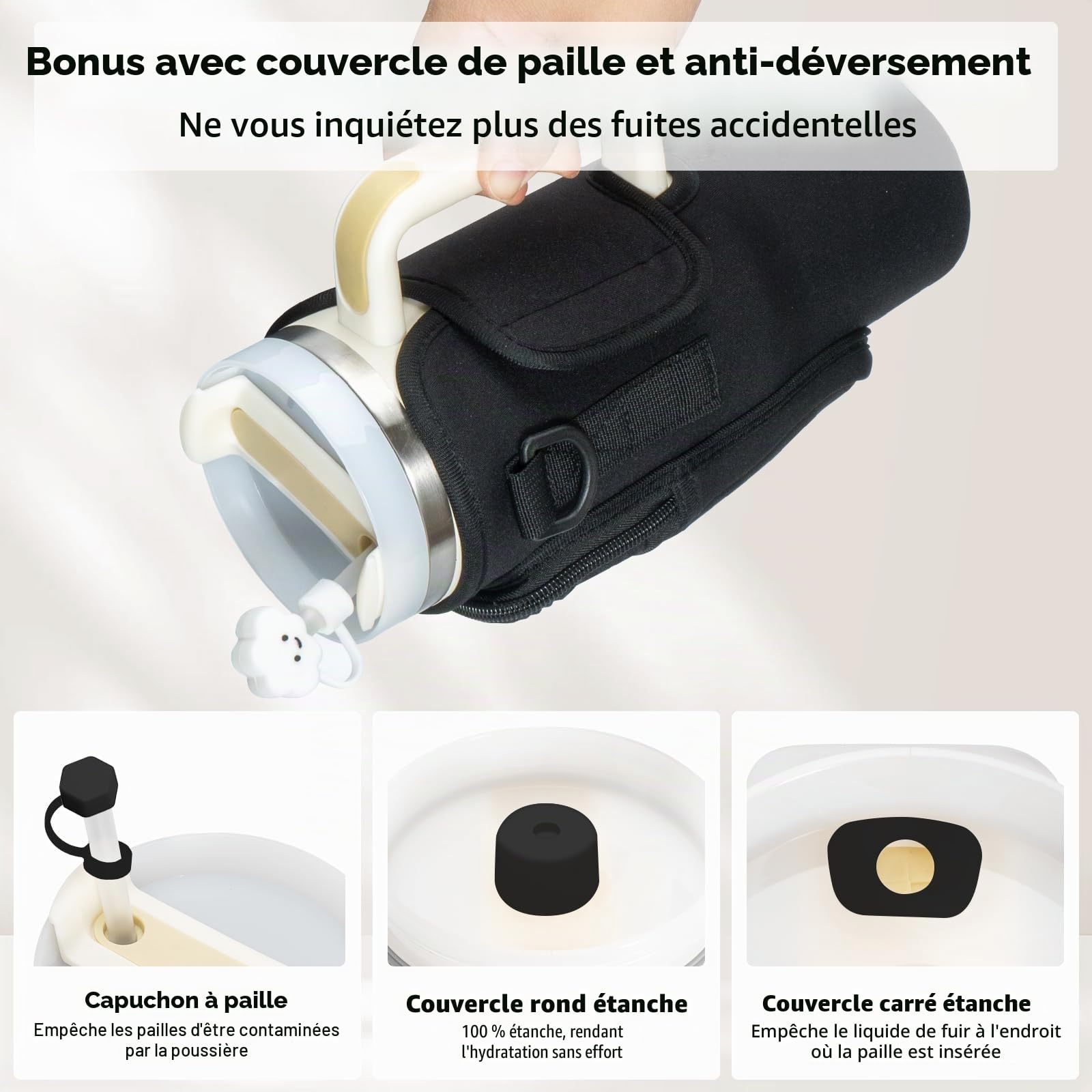 Stanley Cup Sac porte-bouteille d'eau avec sangle, accessoires paille anti-fuite et mousqueton - Noir