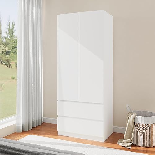 Miniatura 3 de Armario de madera con 2 puertas, armario de dormitorio de 79 pulgadas con 2 cajones, armario para ropa con barra para colgar y estantes, armarios