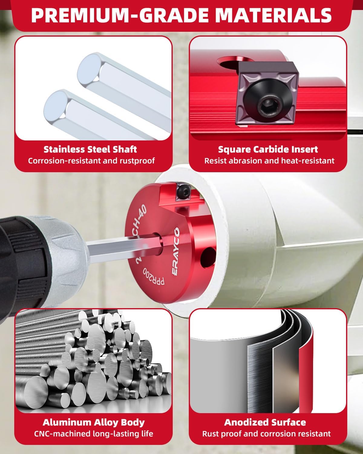 ERAYCO 8-Piece PVC Pipe Reamer Kit with 1/2", 3/4", 1", 1-1/4", 1-1/2", 2", 3", 4" Heads, 4-Sided Carbide Aluminum Fitting Saver, Plumbing Tools for Schedule SCH40 PVC, CPVC or ABS