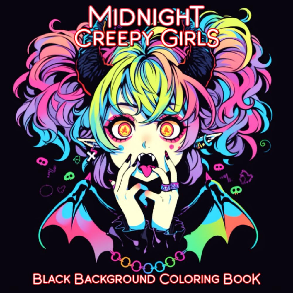 Midnight Creepy Girls Black Background Coloring Book: Creepy Cute Coloring Pages for Stress Relief and Relaxation (Midnight Black Background Coloring Books)