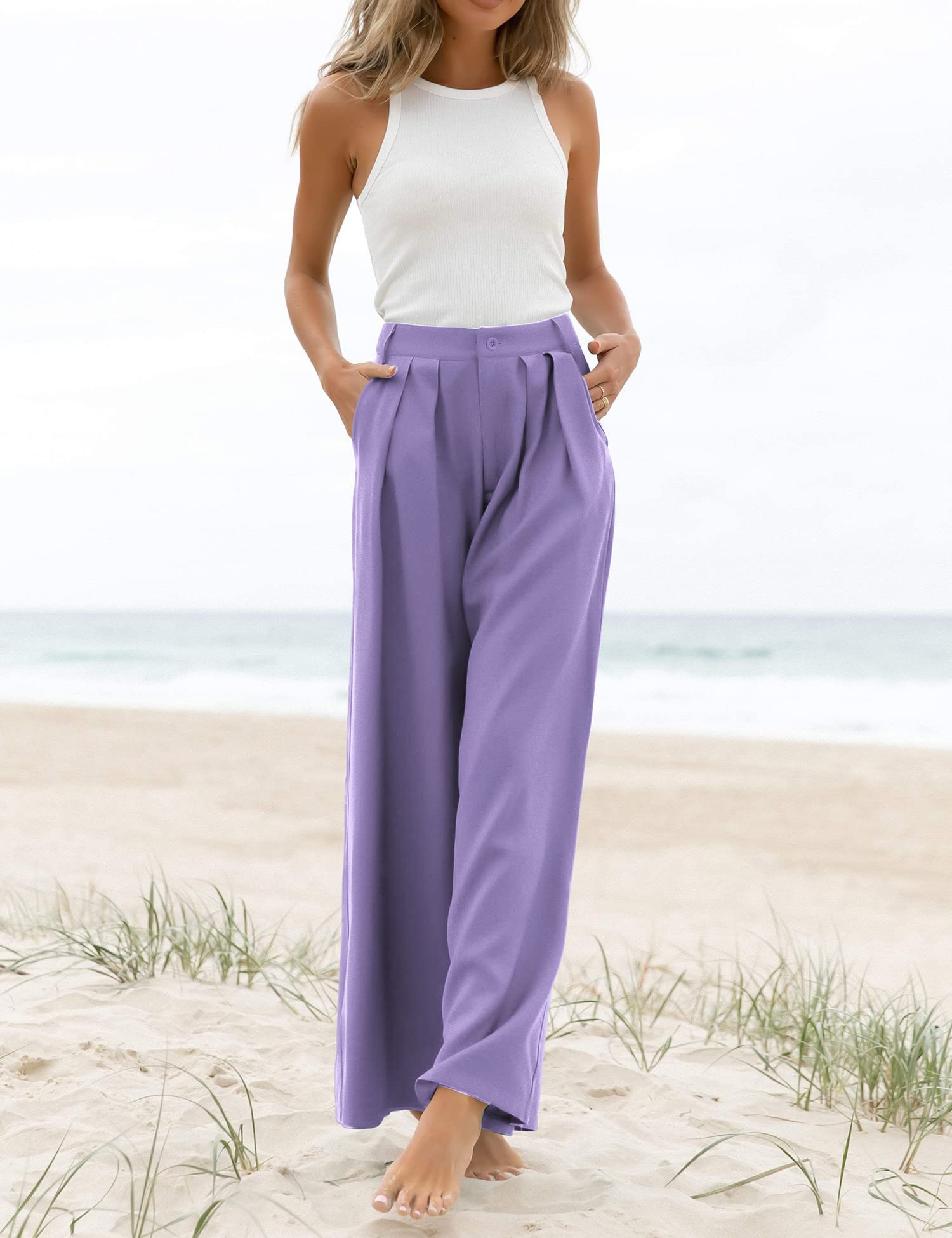 Pantalones Palazzo Casuales de Cintura Alta para Mujer, Pantalones de Vestir para Mujer, Pantalones de Trabajo con Bolsillos para Mujer y Oficina., Púrpura, 0 US