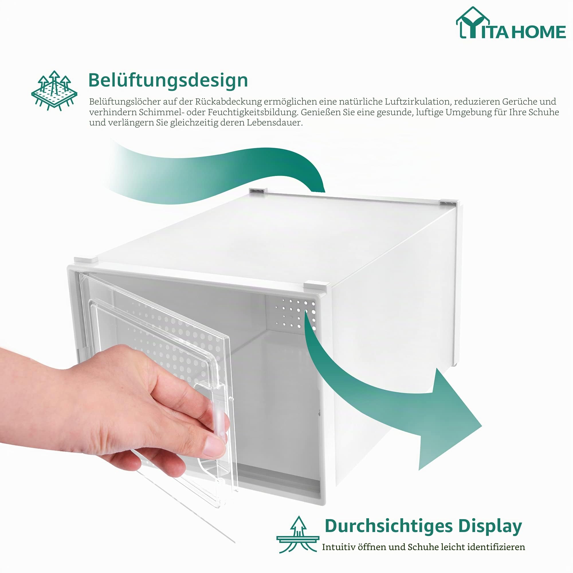YITAHOME Schuhboxen, 6er Set, Schuhkarton stapelbar stabil, Aufbewahrungsboxen für Schuhe mit transparent Tür und Belüftungslöchern, für Schuhe bis Größe 46, stapelbare schuhbox weiße
