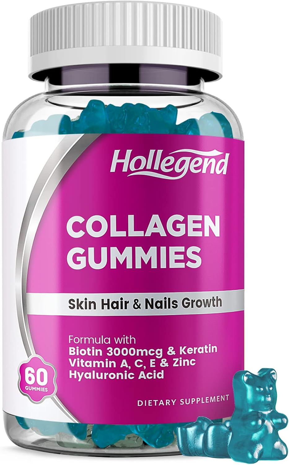 HOLLEGEND Collagen Gummies for Women & Men Anti Aging, Biotin, Vitamin A, C, E, Zinc, Hyaluronic Acid, Keratin, Skin Tightening, Hair & Nails Growth, Collagen Peptides Type 1&3, 60 Chewables