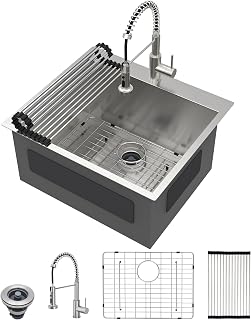 25"x22" Drop In Laundry Utility Sink with Faucet Combo | 16 Gauge T304 Stainless Steel Top Mount 12 Inch Deep Single Bowl Sink Basin for Laundry Room, Garage, Workshop & RV