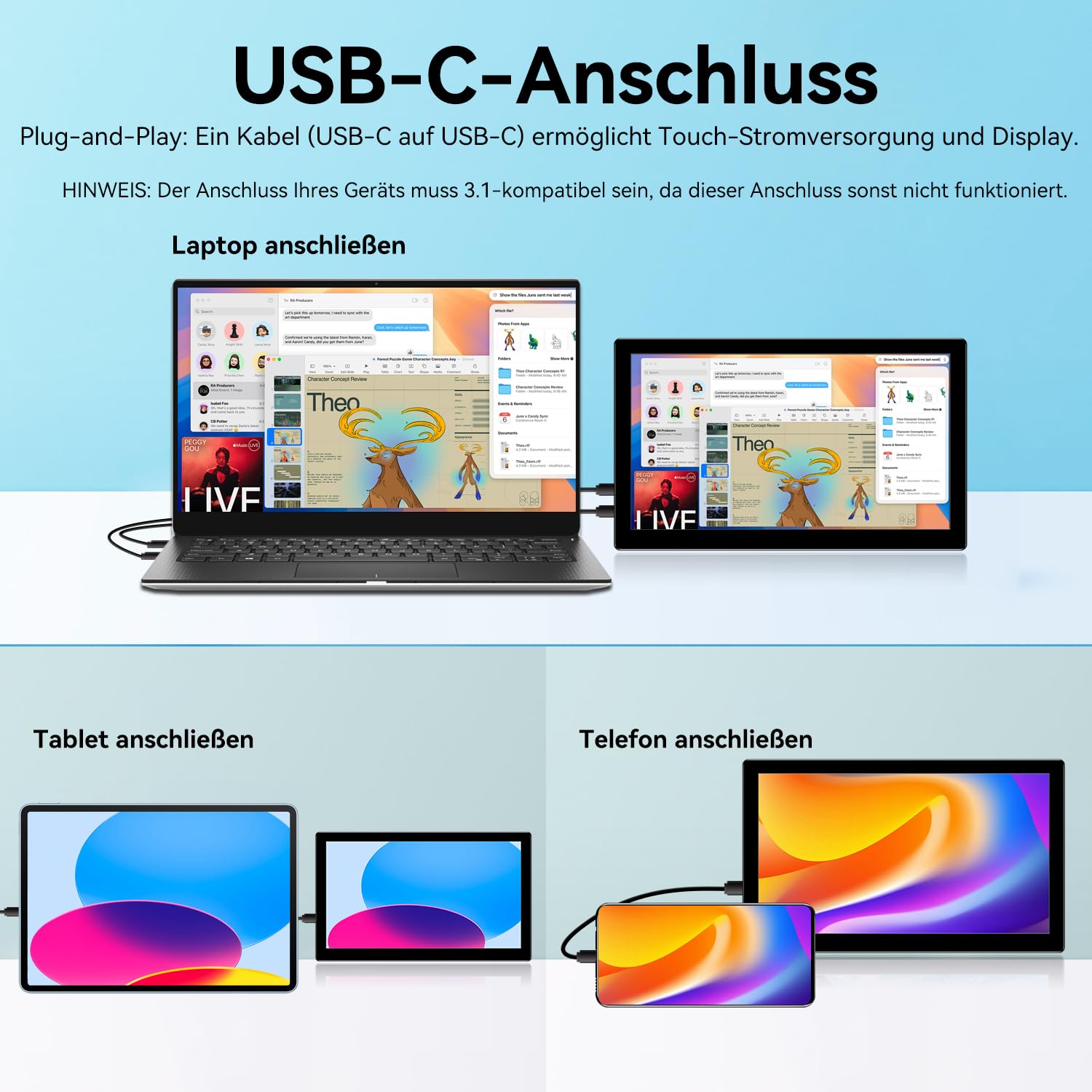 10,1 Zoll Klein Tragbarer Monitor IPS Touchscreen, 1366x768, 400cd/m², 99% sRGB HDMI USB C