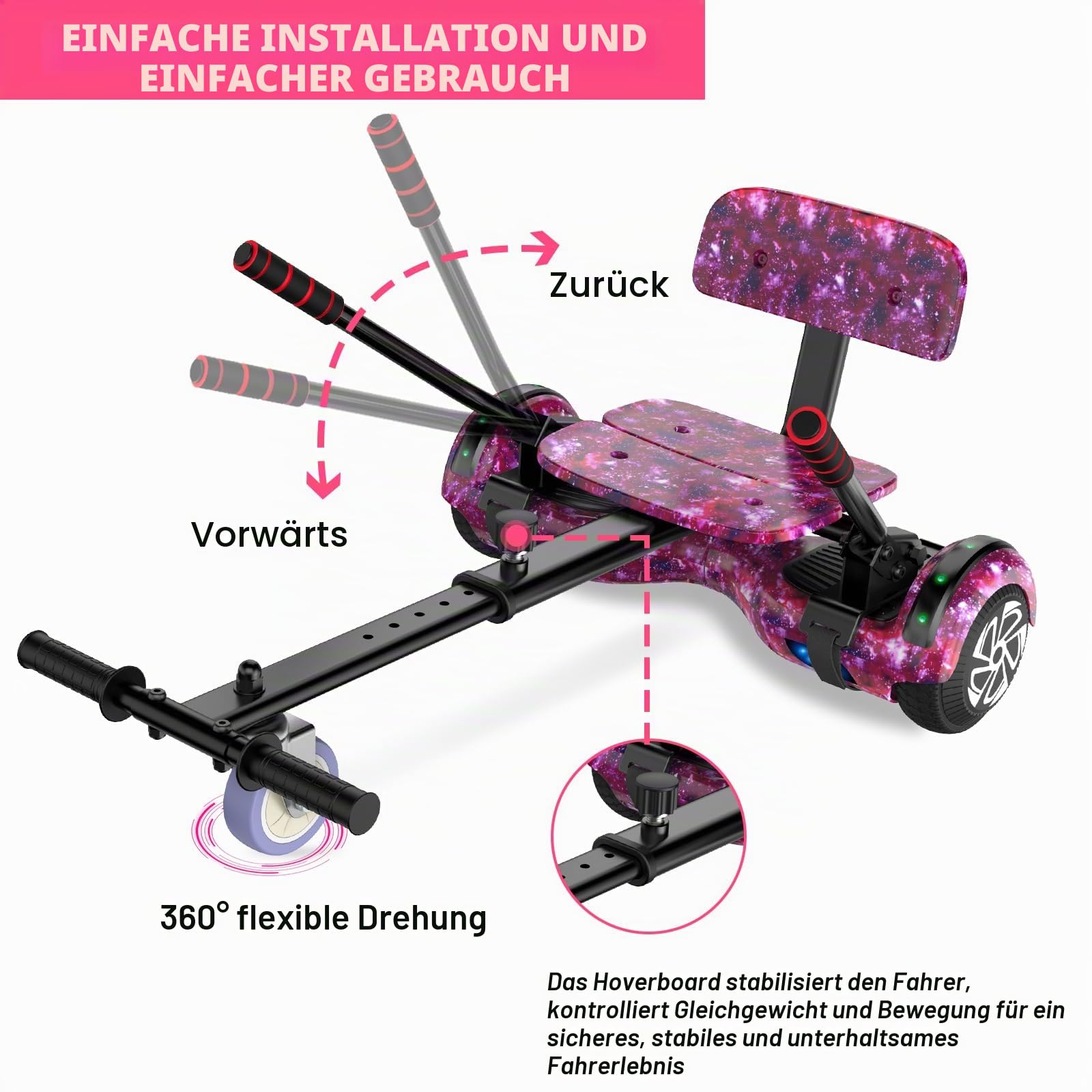 SISIGAD Hoverboard Kart Scooter für alle Gelände Self Balanciert 6,5 Zoll mit Bluetooth Lautsprechern und Hoverboard LED Beleuchtung für Kinder