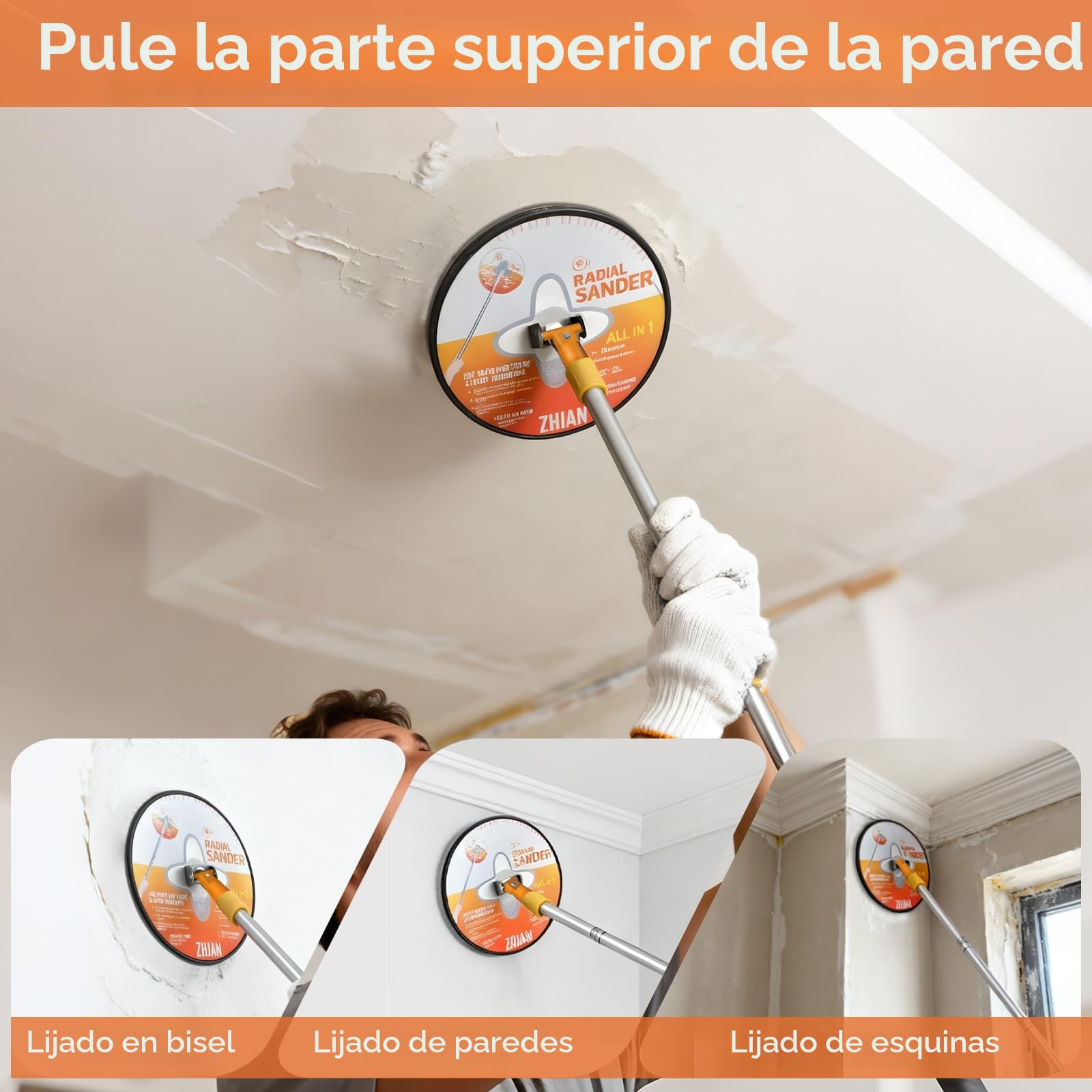 Lijadora de Poste de Yeso, Cabeza Radial de 9 Pulgadas y 360°, con Mango Extensible y 10 Hojas de Lija (80/100/120/180/240) para Paredes y Techos
