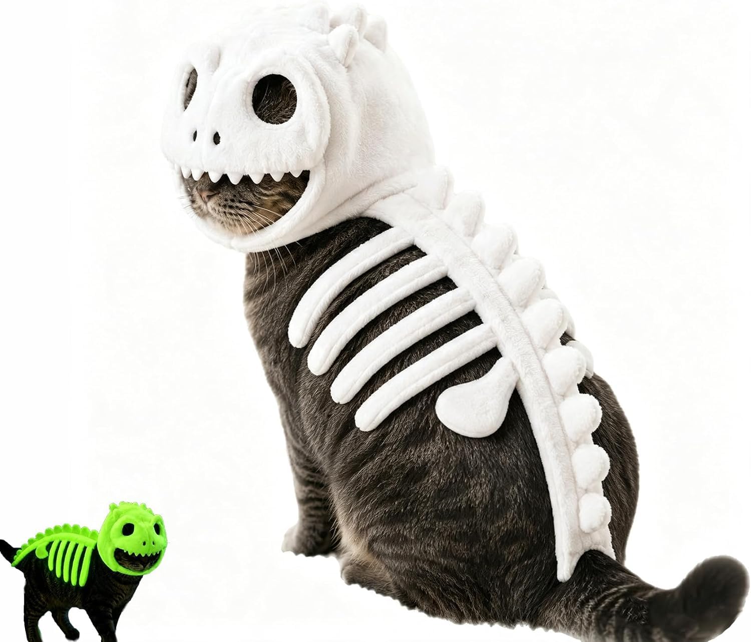 Dinosaur Skeleton Glow in Dark Cat Costume,Plush Halloween Pet Hood Outfit with 3D Bone Design for Kitty Cosplay Medium & Large Dog Cats for Party Family (S)