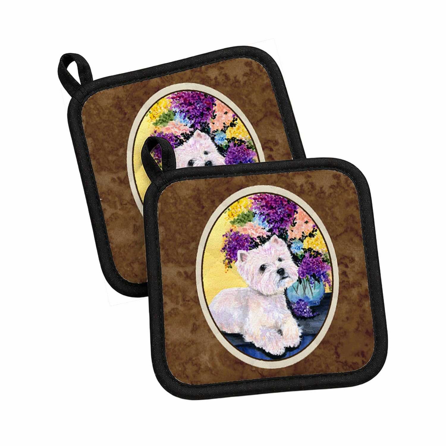 Par de soportes para ollas de tela resistente con diseño Westie multicolor