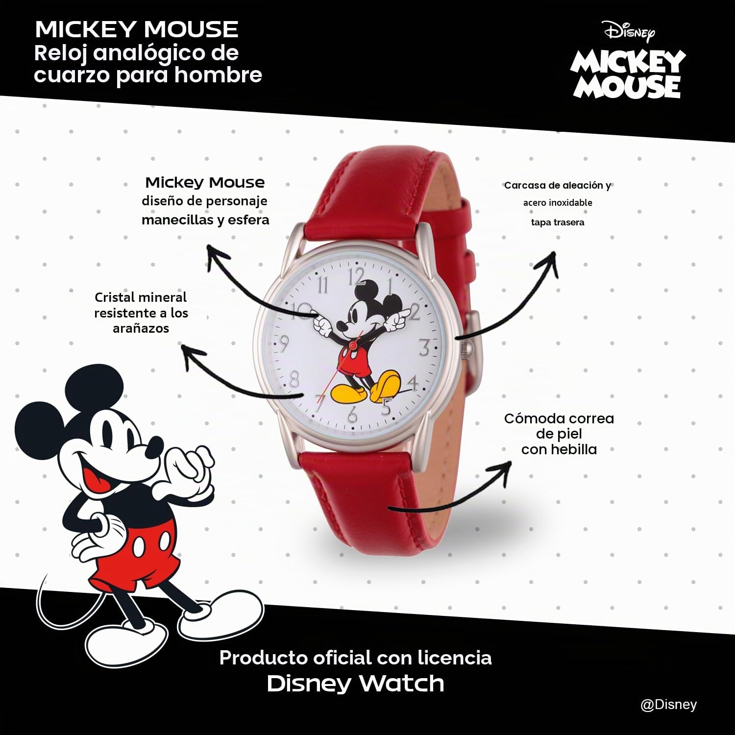 Disney Mickey Mouse - Reloj analógico de cuarzo con correa de piel y manecillas articuladas para adultos
