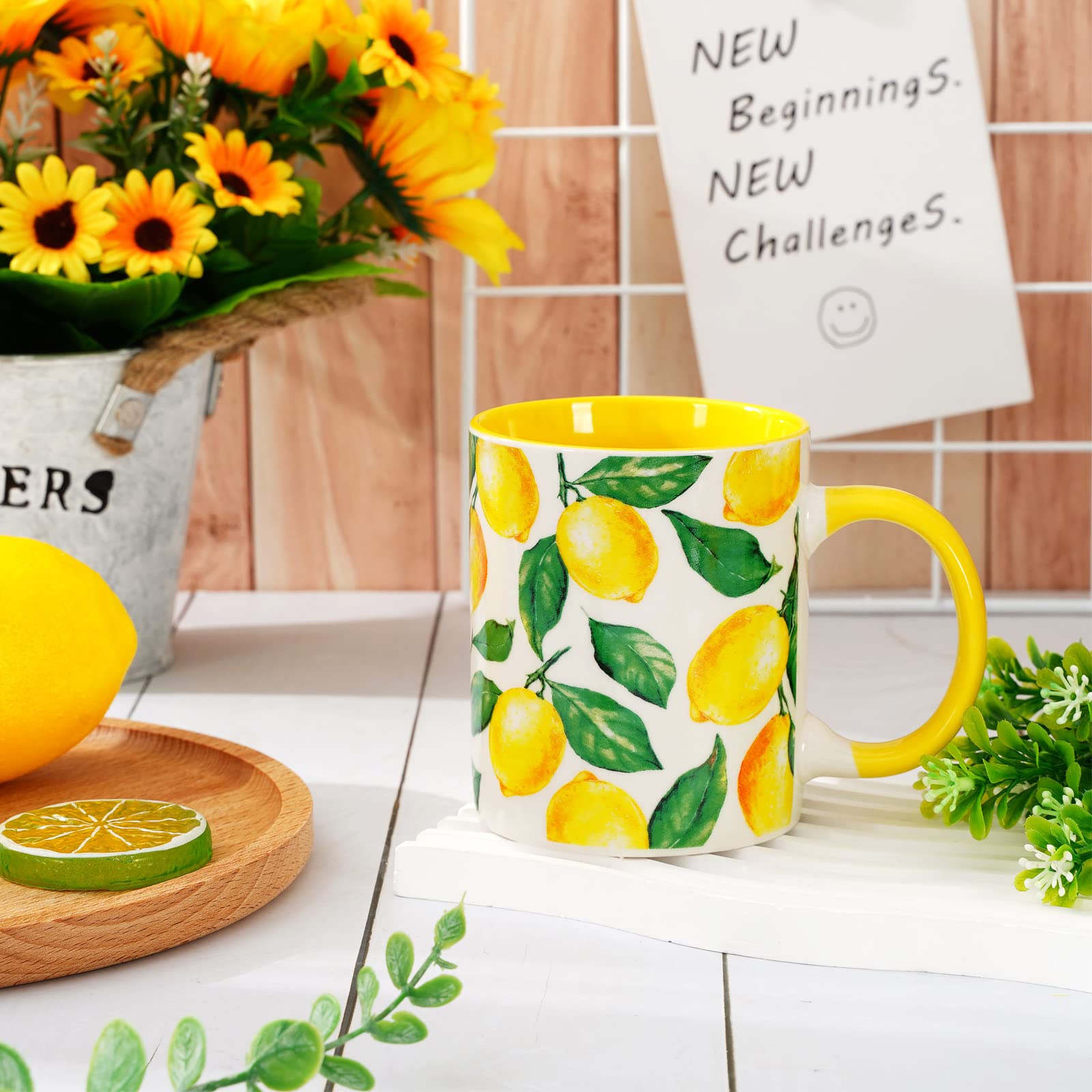 Whaline 3-Pack Summer Sunflower Mini Coffee Mugs - 8.5oz Ceramic With Plaid Ribbon, Yellow