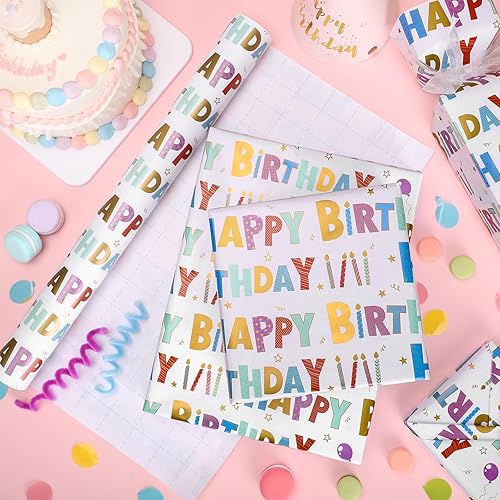 Miniatura 4 de woric Rollo de papel de regalo de cumpleaños de 17 pulgadas x 33 pies de papel de aluminio colorido con letras de feliz cumpleaños, papel de regalo