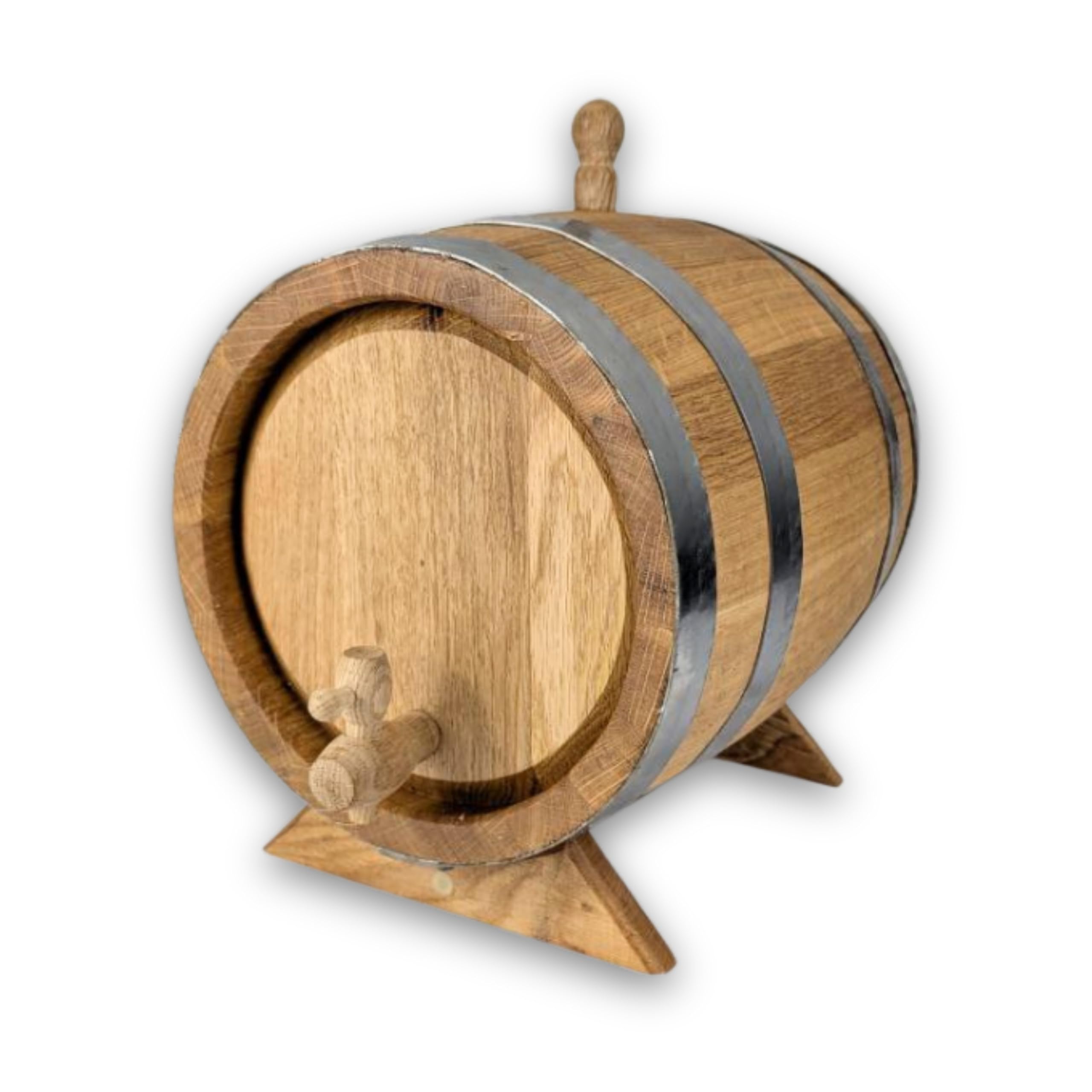 Eichenholzfass mit Holzhahn 10 Liter – Handgefertigtes Holzfass aus Stieleiche für Whisky, Wein, Rum & Schnaps – Innen ausgebrannt (Medium+), Edelstahlreifen, gewachst