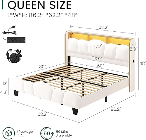 Miniatura 2 de LARMACE Base de cama tamaño Queen con luces LED y estación de carga, plataforma tapizada de terciopelo con cabecera de almacenamiento, no necesita