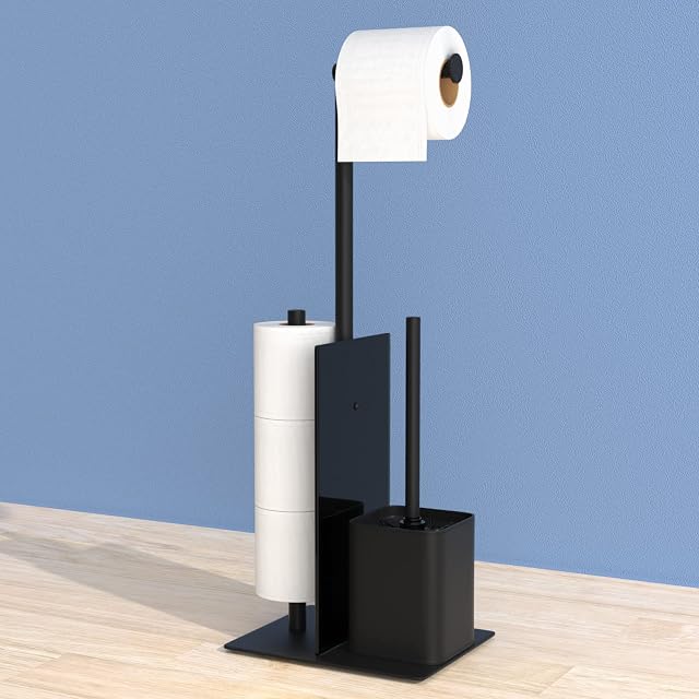 Toilet Roll Holder with Toilet Brush - Stainless Steel Toilet Roll Holder Free Standing with Glass Baffle, Susswiff Toilet Paper Holder and Toilet Brush, Matte Black Toilet Brush with Roll Holder