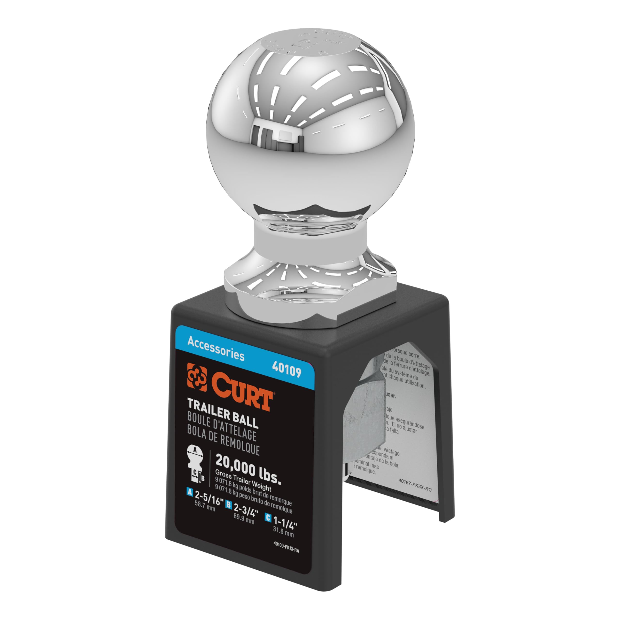 CURT 40109 Chrome Trailer Hitch Ball, 20,000 lbs, 2-5/16-Inch Diameter, 1-1/4 x 2-3/4-Inch Shank