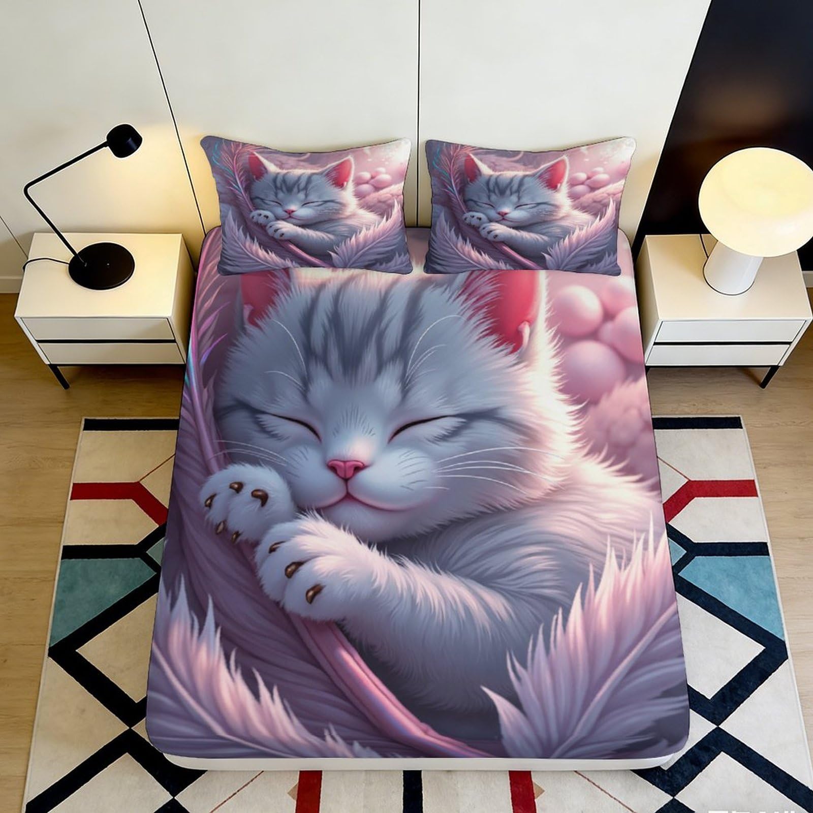 3D Printed Sleeping Cat Fitted Sheet Microfiber Soft Breathable Cozy Kitten Bed Cover for Bedroom Dormitory Guest Room Mattress Protection Decor 180x200x25cm