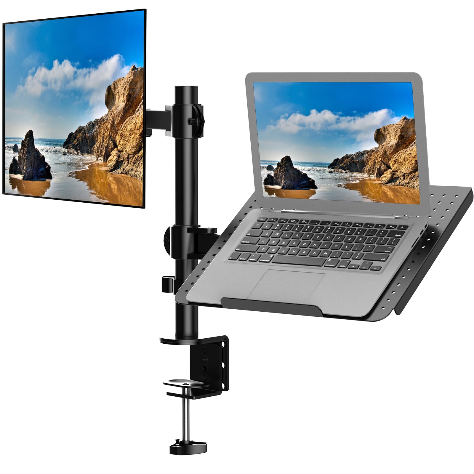 Supporto da scrivania per monitor LCD singolo, completamente regolabile, con vassoio per laptop fino a 17" e 1 schermo fino a 27", capacità di carico 10 kg, colore: nero