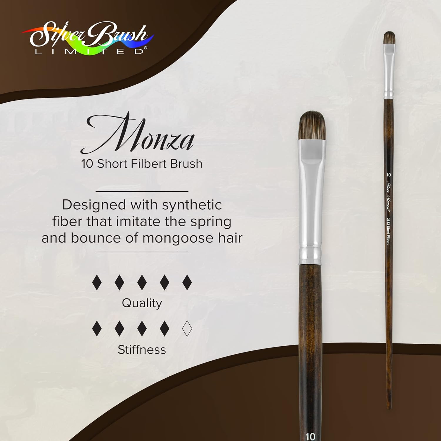 Silver Brush Limited 2632-10 Monza Short Filbert Paintbrush for Oil, Acrylic, and Heavy Body Paints, Size 10, Long Handle