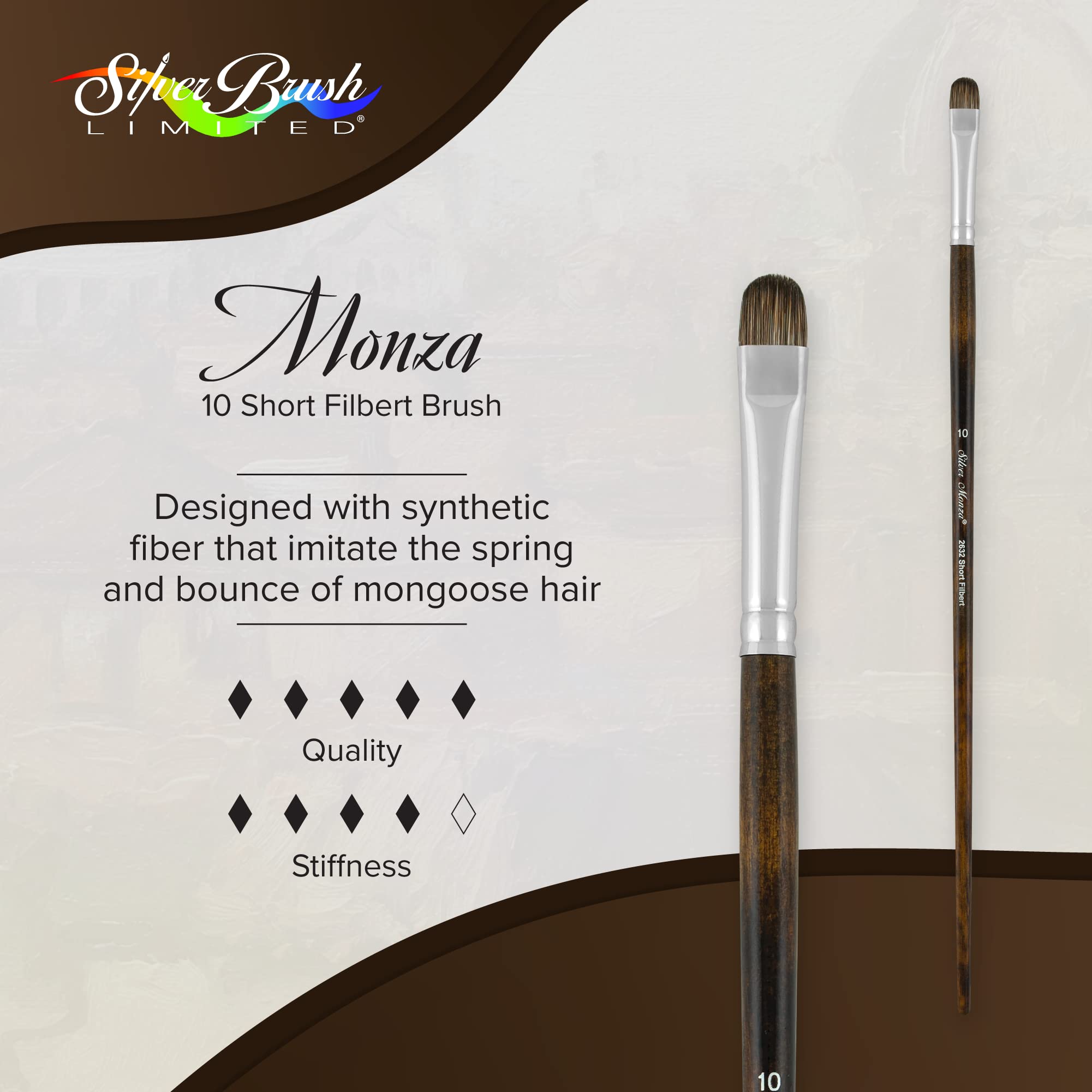 Silver Brush Limited Monza 2632-10 Pennello corto Filbert per pittura a olio, acrilico e per carrozzeria, misura 10, manico lungo